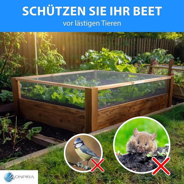 Hochbeet aus Holz mit feinmaschiger Drahtabdeckung zum Schutz vor Tieren wie Vögeln und Nagetieren. ONPIRA Logo.
