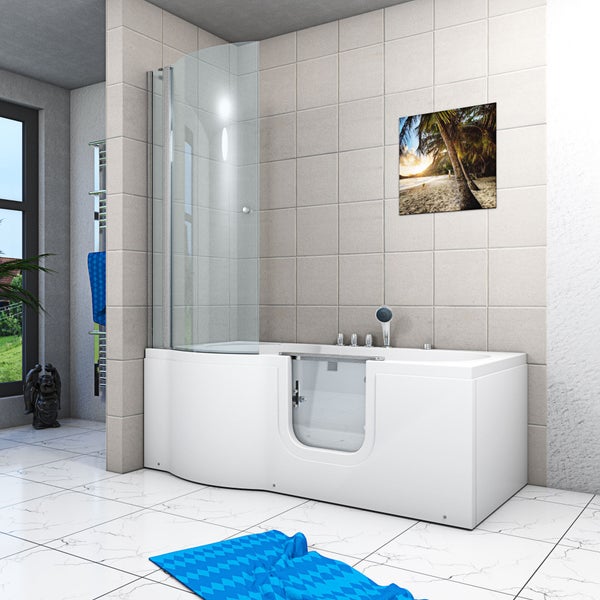 Barrierefreie Badewanne mit Einstiegstür, Glasduschwand, integrierter Handbrause und Haltegriff.