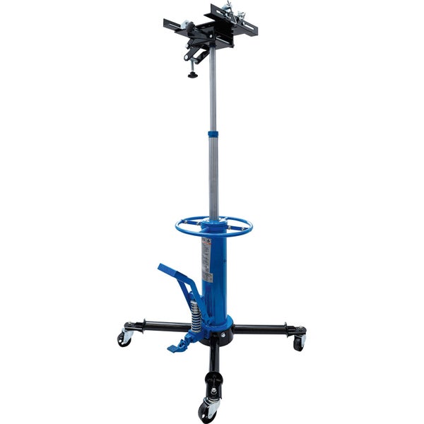 Hydraulischer Getriebeheber mit Fußpedal, vier Lenkrollen und verstellbarer Aufnahmeplatte für Werkstätten.