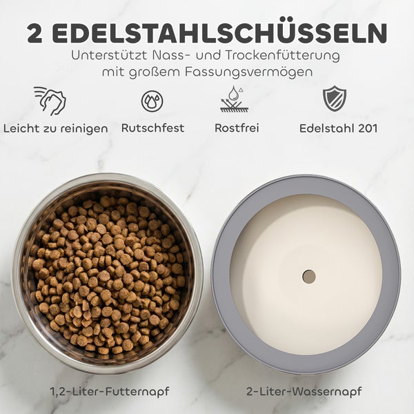 Zwei Edelstahlschüsseln für Haustiere, ein Futternapf mit eins Komma zwei Liter und ein Wassernapf mit zwei Liter Fassungsvermögen, rostfrei.