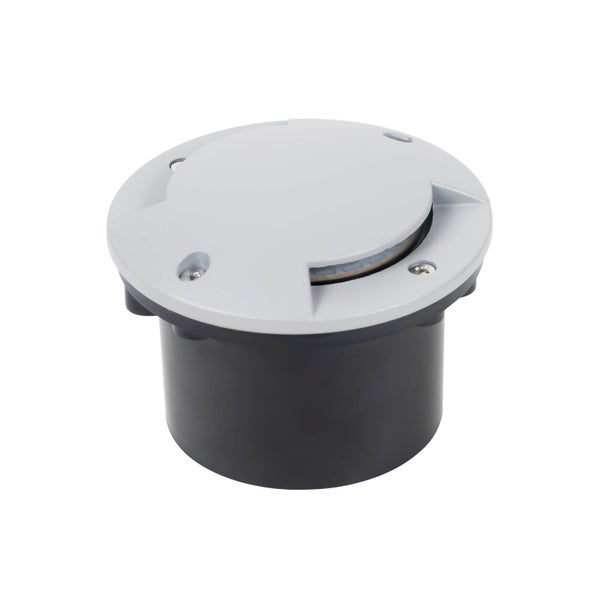 Bodeneinbaustrahler für den Außenbereich mit grauer Metallabdeckung und schwarzem Gehäuse.