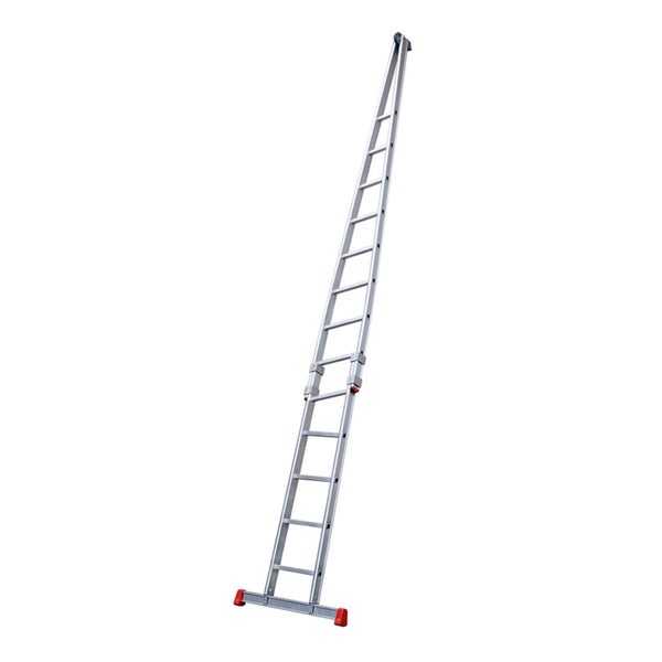 Zweiteilige Schiebeleiter aus Aluminium mit stabilisierender Traverse und roten Sicherheitsfüßen.