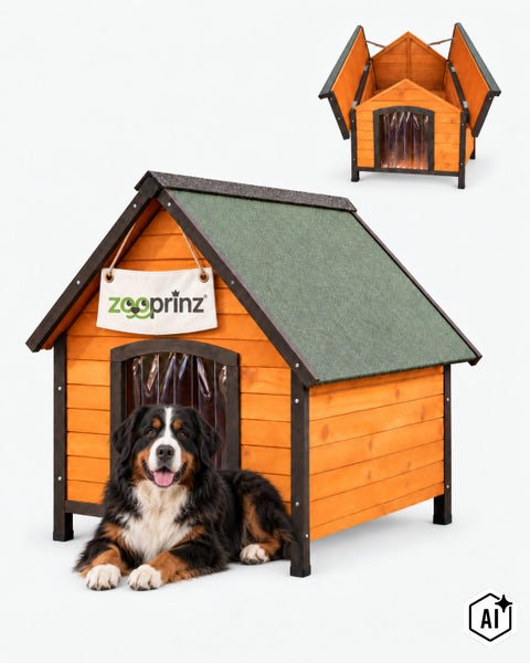 Holzhundehütte Zooprinz mit aufklappbarem Dach für den Garten mit einem Berner Sennenhund davor.