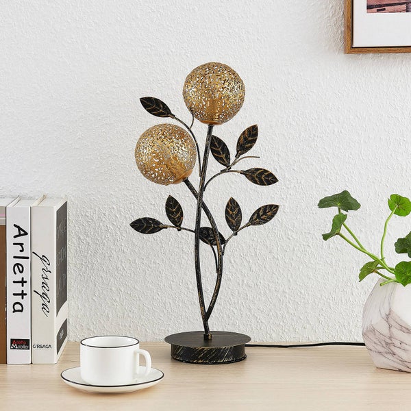 Dekorative Tischleuchte mit Blätterdesign und zwei Lampenschirmen in Kugelform