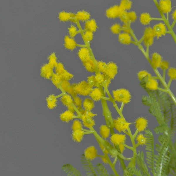 Künstliche Mimose mit gelben Blüten und grünen Stielen.