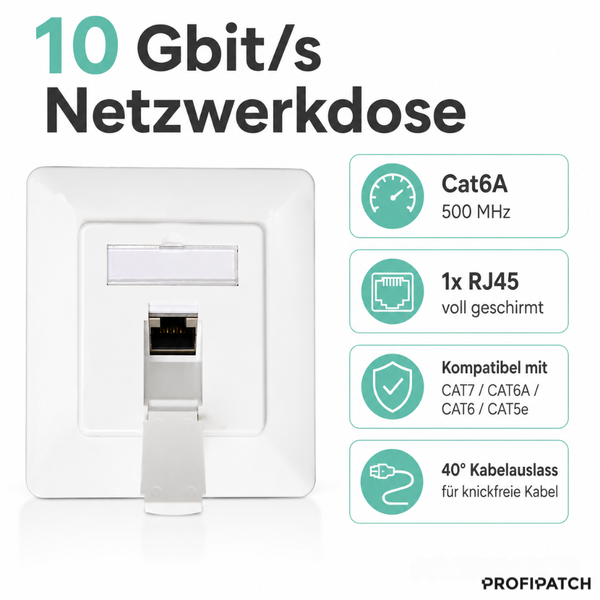 Netzwerkdose für 10 Gigabit pro Sekunde, RJ45-Anschluss Kategorie 6A, voll geschirmt, kompatibel mit Cat5e bis Cat7, 40 Grad Kabelauslass.
