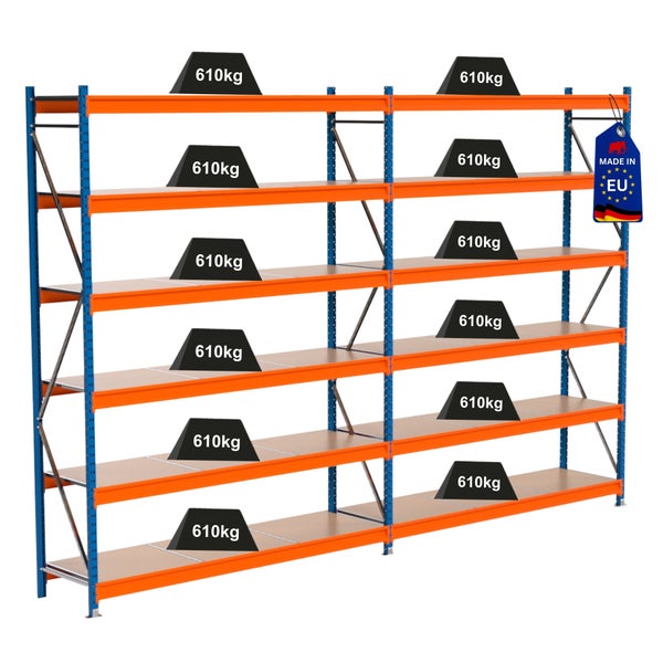 Regal mit mehreren Ebenen und Gewichtsangabe 610 Kilogramm, Hergestellt in EU Siegel