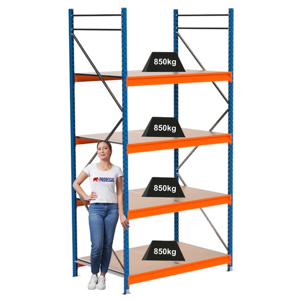 Schwerlastregal mit vier Ebenen und einer Traglast von 850 Kilogramm pro Ebene