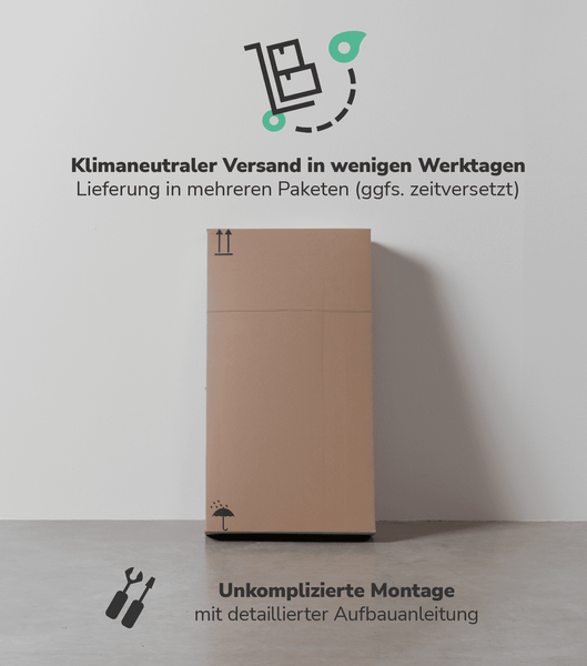 Klimaneutraler Versand in mehreren Paketen innerhalb weniger Werktage sowie einfache Montage mit einer detaillierten Aufbauanleitung.