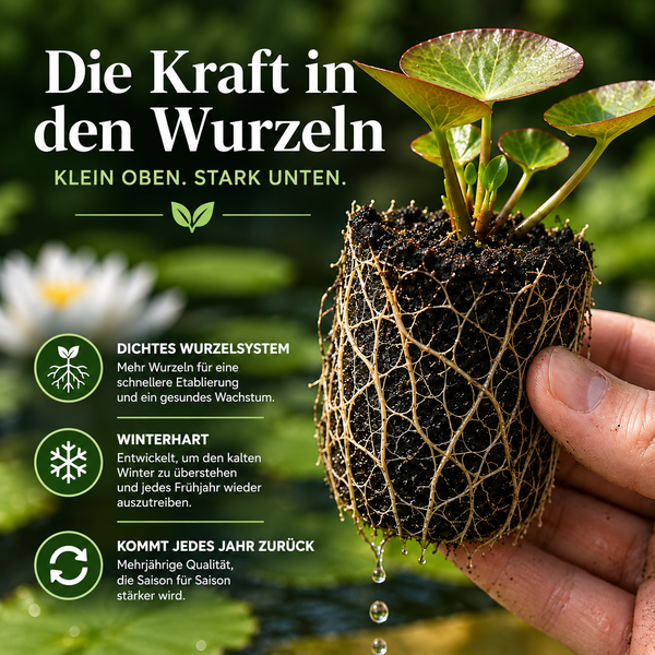 Hand hält eine Teichpflanze mit einem stark ausgeprägten Wurzelsystem für gesundes Wachstum und Überwinterung im Teich.