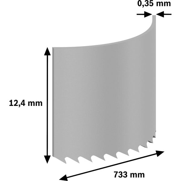 Sägeblatt mit Abmessungen 12,4 mm x 733 mm x 0,35 mm