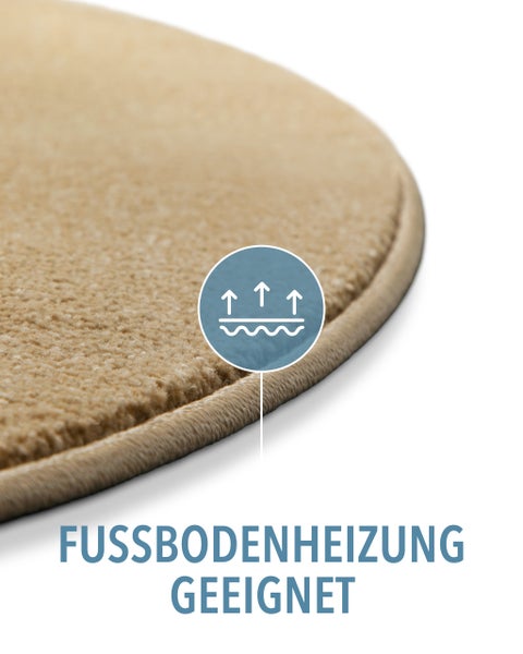 Teppichboden mit Symbol für Eignung bei Fußbodenheizung.