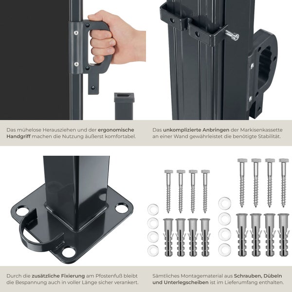 Seitenmarkise mit ergonomischem Handgriff, Wandhalterung, Pfostenfuß und Montagematerial wie Schrauben und Dübel.