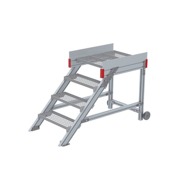 Mobile Arbeitsplattform aus Aluminium mit 4 Gitterroststufen und Rollen.