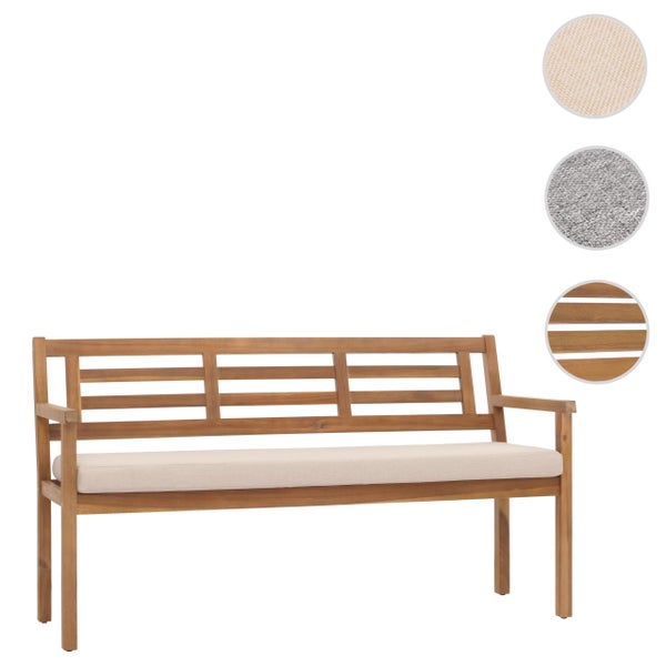 Gartenbank aus Holz als Dreisitzer mit beigefarbenem Sitzkissen und Armlehnen sowie Detailansichten von Stoffbezügen und Holzoberfläche.