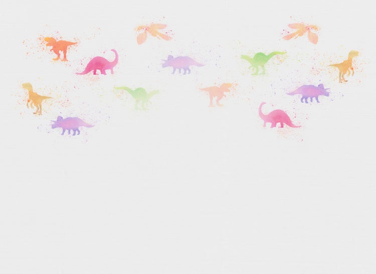 Tapete mit verschiedenen Dinosaurier-Silhouetten in Aquarell-Optik und Farbspritzern.