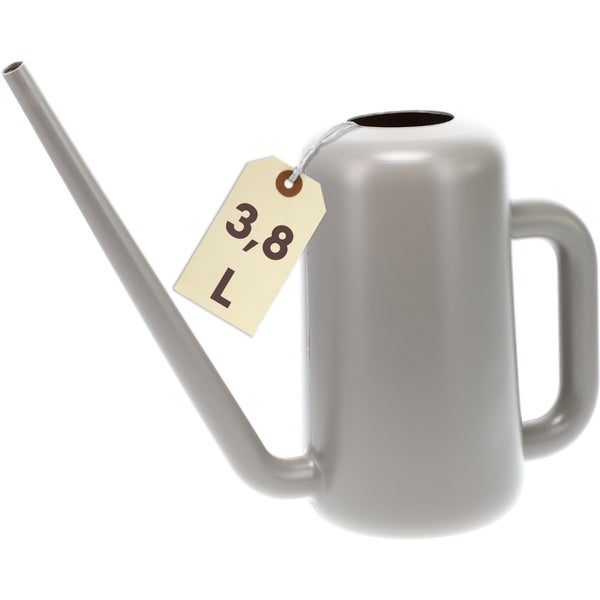 Graue Gießkanne mit 3,8 Liter Fassungsvermögen, langem Ausguss und Griff.