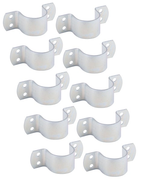Set mit zehn verzinkten Rohrschellen mit jeweils zwei Befestigungslöchern für eine sichere Rohrinstallation.