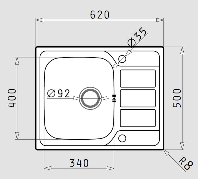 Technische Zeichnung einer Einbauspüle mit Maßangaben in Millimetern.