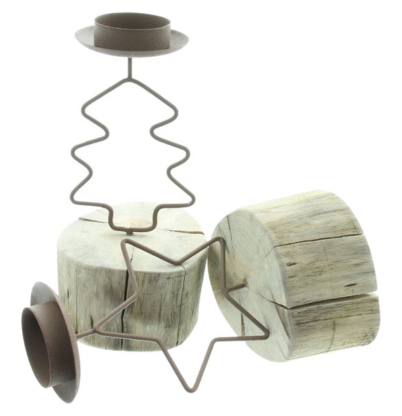 FRANK FLECHTWAREN | Teelichthalter Weihnachtszeit, 2er Set, ca. Ø 8 x 19 cm, METALL, HOLZ