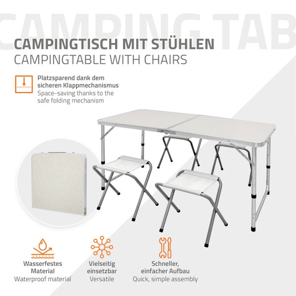 ECD Germany Campingtisch Set mit 4 Hocker, 120x60x55/63/70 cm höhenverstellbar, klappbar, Weiß/Creme, aus Aluminium und MDF, Campingmöbel Set Klappmöbel Klapptisch Falttisch Gartentisch mit 4 Stühle