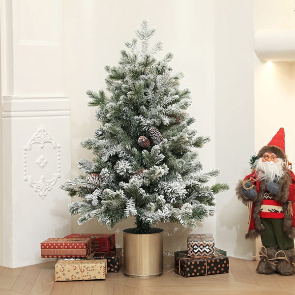 HOMCOM Künstlicher Weihnachtsbaum, 100 cm Christbaum mit 130 Spitzen, Kunstschnee, Blumentöpfe, flammenhemmend, für Weihnachten Deko, Grün+Gold