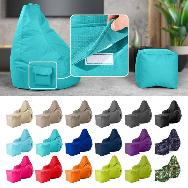 Green Bean 2er Set Sitzsack + Hocker - fertig befüllt - robust waschbar schmutzabweisend - Kinder & Erwachsene Bean Bag Bodenkissen Lounge Sitzhocker Relax-Sessel Gamer Gamingstuhl Pouf - Türkis
