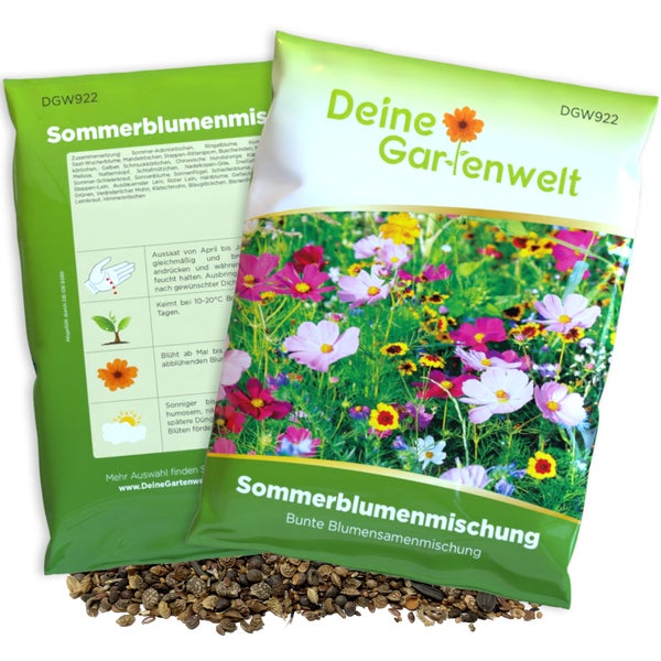 Sommerblumenmischung von Deine Gartenwelt, Deine Gartenwelt Logo, bunte Blumensamenmischung in der Packung und lose ausgebreitet.