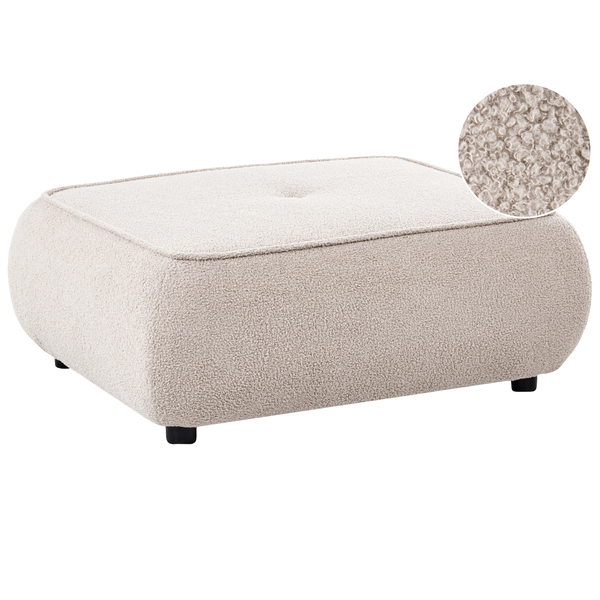 Rechteckiger Polsterhocker mit Bouclé-Stoffbezug, Knopfheftung und niedrigen Füßen. Inklusive Detailansicht der Textur.