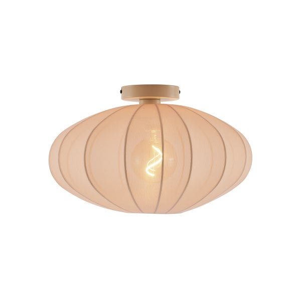 Deckenleuchte mit einem ovalen Textilschirm und einem sichtbaren Filament-Leuchtmittel.