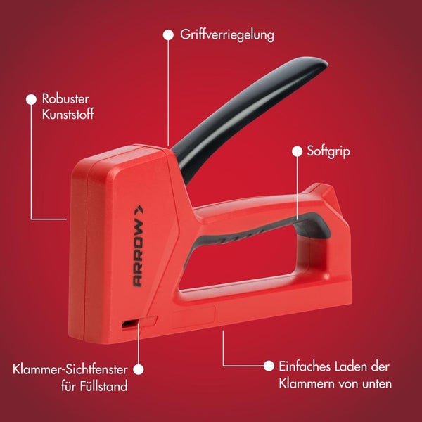Handtacker aus robustem Kunststoff mit Griffverriegelung, Softgrip, Klammer-Sichtfenster und Unterlademechanik.