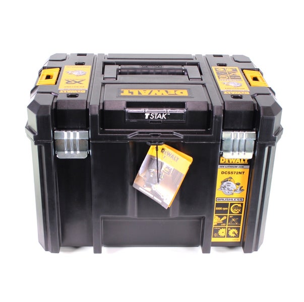 DeWalt TSTAK Werkzeugbox aus robustem schwarzem Kunststoff mit Metallschließen, Tragegriff und Markenlogo.