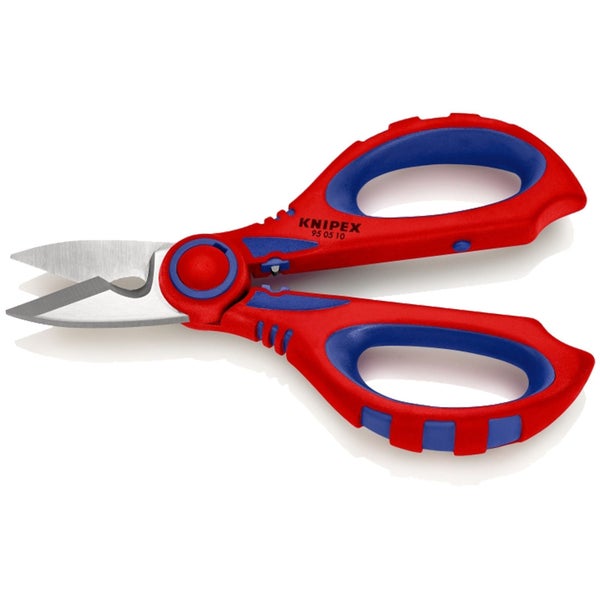 Knipex Elektrikerschere 95 05 10 mit rot-blauen Mehrkomponenten-Griffen und Edelstahl-Klingen.