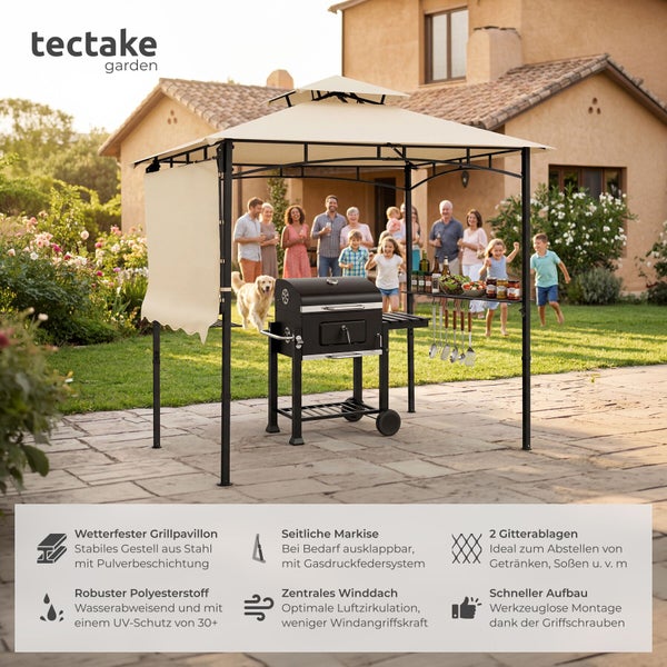 Wetterfester Grillpavillon mit Stahlgestell, seitlicher Markise und Winddach über einem Grill im Garten. tectake garden Logo.