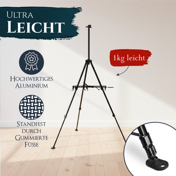 Leichte Malstaffelei aus Aluminium mit drei Beinen und gummierten Füßen für sicheren Stand.