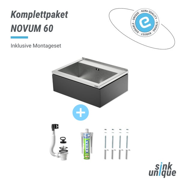 NOVUM 60 Spülen-Komplettpaket mit Becken, Montageset inklusive Abfluss, Dichtmittel und Schrauben. KUNe Qualitätssiegel und sink unique Logo.