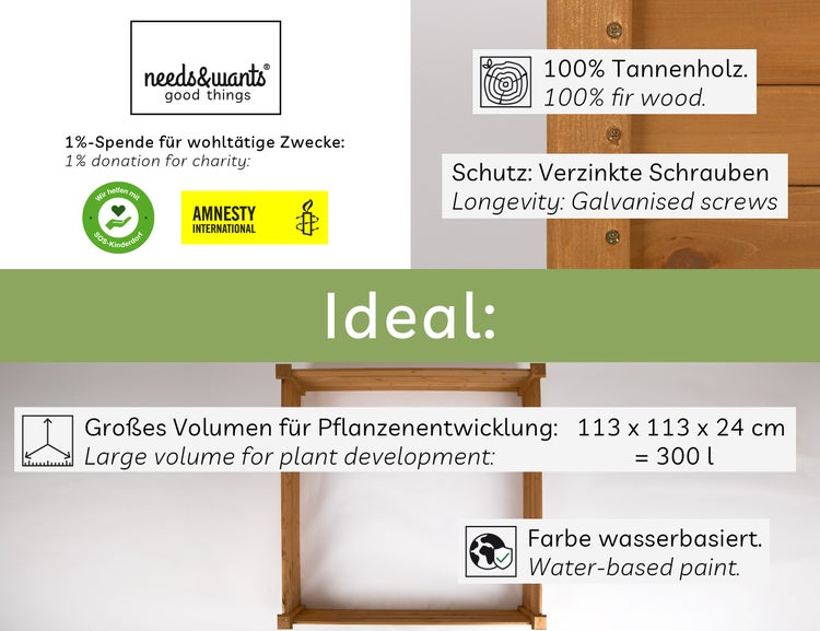 needs&wants® Große Hochbeet-Umrandung aus Holz für Garten Terrasse, Pflanzbeet Bausatz XL quadratisch, Blumenbeet Kräuterbeet niedrig deko, 120 x 120 x 26,5 cm, braun