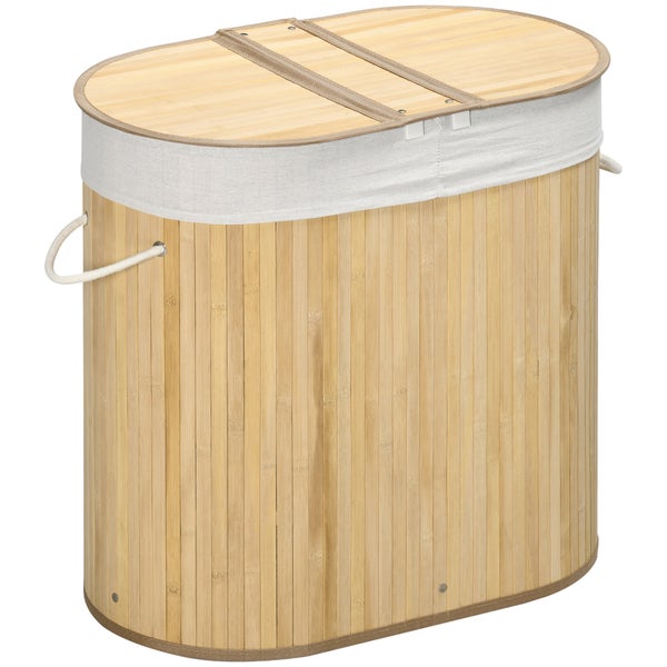 HOMCOM Bambus Wäschekorb mit Deckel 100L Wäschesammler mit Griffen, 2 herausnehmbarer Wäschesack, Wäschesortierer Wäschebox für Waschküche, Badezimmer, Schlafzimmer, Naturholz