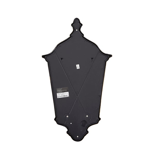 Rückansicht einer schwarzen Außenwandleuchte in klassischer Laternenform mit Montageplatte und technischen Aufklebern.