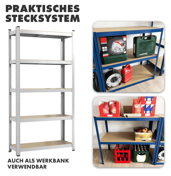 Schwerlastregal aus Metall mit Stecksystem, dargestellt als fünfstöckiges Lagerregal und umgebaut als Werkbank für Werkzeug oder Vorräte.