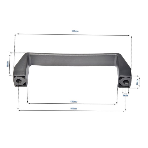 Kunststoff Moebelgriff mit Massangaben, Gesamtlange 190 Millimeter, Bohrlochabstand 180 Millimeter, Tiefe 50 Millimeter.