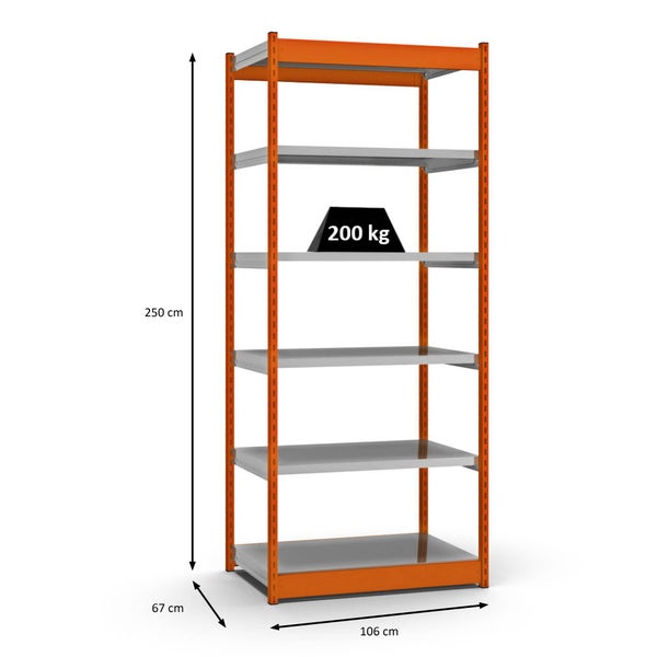 PROREGAL Fachbodenregal Stecksystem Vierkant-Profil Grundregal HxBxT 250 x 102,5 x 60 cm 6 Ebenen Einseitige Bauart Fachlast 200 kg Orange