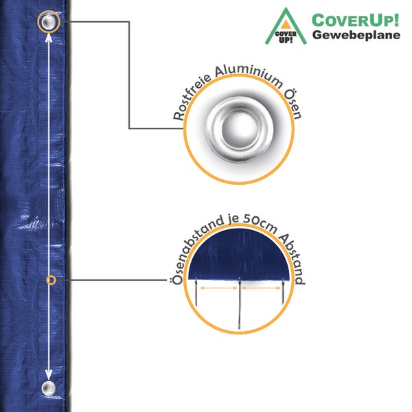 CoverUp! (4x4 m) Gewebeplane - Farbe: Blau, 200g/m² - Beständigkeit durch verstärkte Gummiecken & rostfreie Ösen - Abdeckplane bietet UV-Schutz - Plane inkl. 12 Planenspanner