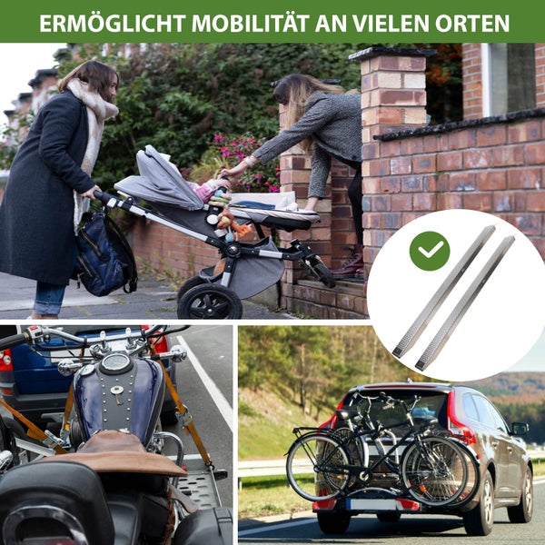 Das Bild zeigt verschiedene Transportmöglichkeiten: Kinderwagen, Motorradanhänger und Fahrradträger für das Auto.