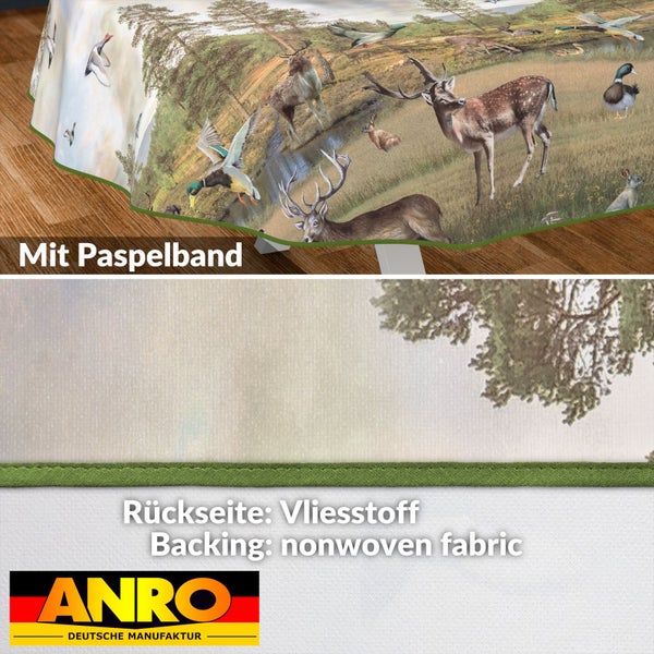 Tischdecke mit Wildtiermotiv und Paspelband, Rückseite aus Vliesstoff