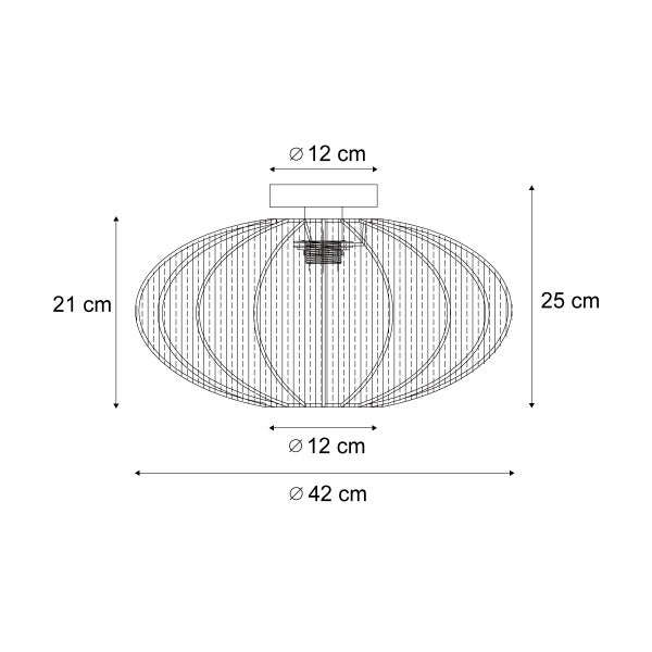 Technische Zeichnung einer ovalen Draht-Deckenleuchte mit Maßen: Gesamthöhe 25 Zentimeter, Durchmesser 42 Zentimeter, Schirmhöhe 21 Zentimeter.