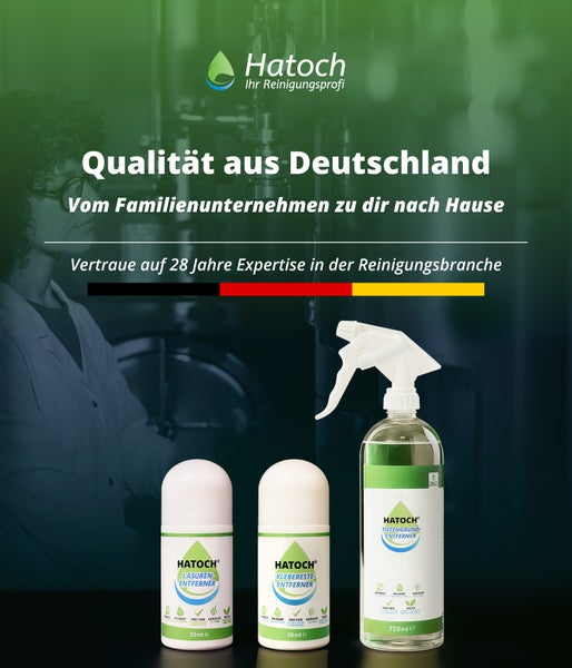 Produktbild von Hatotch Reinigungs-Produkten: Lasur Entferner, Klebereste Entferner und Tiefengrund Entferner.