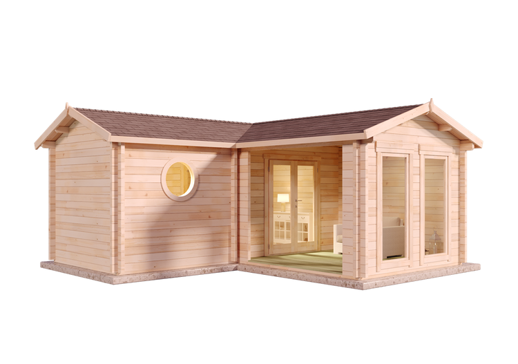 L-förmiges Gartenhaus aus Naturholz mit Satteldach, einem runden Fenster, bodentiefen Fenstern und einer verglasten Doppeltür.
