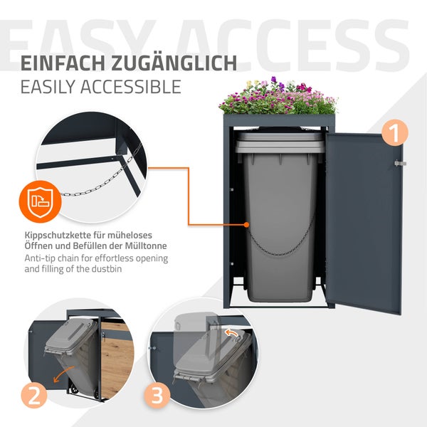 ML-Design Mülltonnenbox 1er mit Pflanzdach für 1 Tonne, 240L, 68x80x124 cm, Eiche-Optik, Stahl, wetterfest, Abschließbare Mülltonnenverkleidung mit Tür, Müllbox Mülltonnecontainer Mülltonnenabdeckung