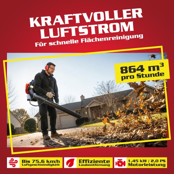 Ein Mann benutzt einen Laubbläser, um Laub zu entfernen. Er trägt Schutzkleidung.